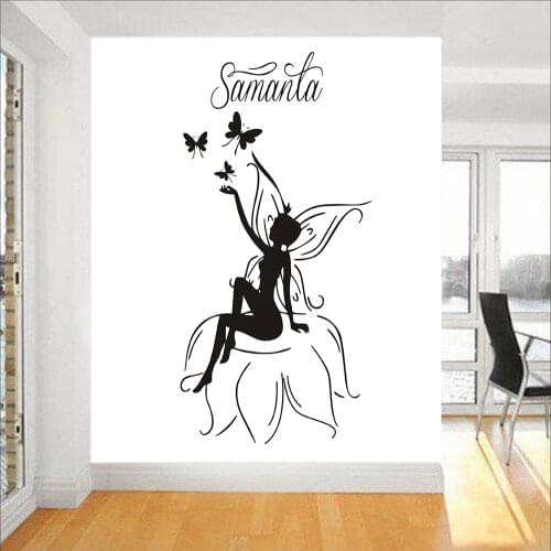 Butterflies Fairy Wall Stickers Girls Bedroom Removable Wall Decals Vinyl Customized Name Murals Decoration Size 30x60cm