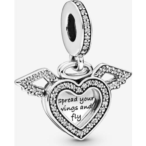 Free Shipping 925 Sterling Silver Heart and Angel Wings Dangle Charm Fit Original Pandora Bracelet For Women DIY Jewelry
