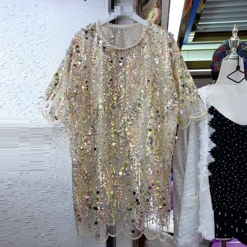 Chic 2021 Spring Summer New Thailand Elegant Women Pearls Beading Sequined Dresses Luxury Ladies Mesh Dress Party European