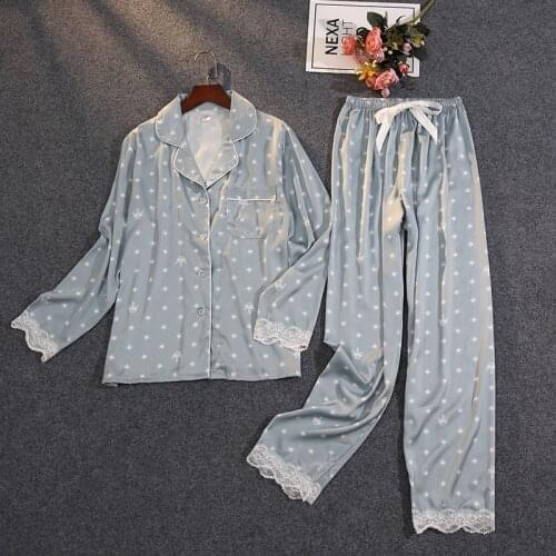 Crown Print Lace Women Pajamas Satin Chiffon Long Sleeve Trousers Set Pyjamas