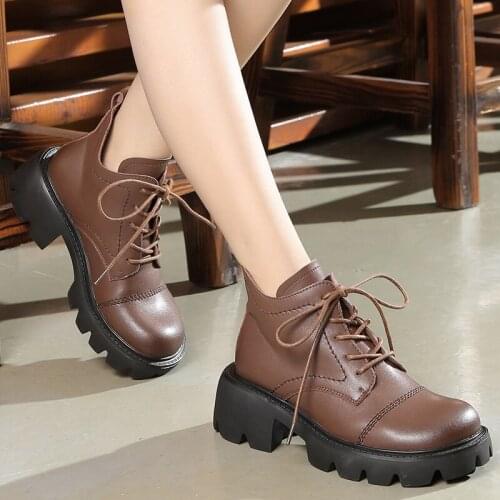 Female Retro Shoes Genuine Leather Women Boots 2021 New Autumn Winter Lace-Up Round Toe Leisure Concise Handmade Ladies Boots