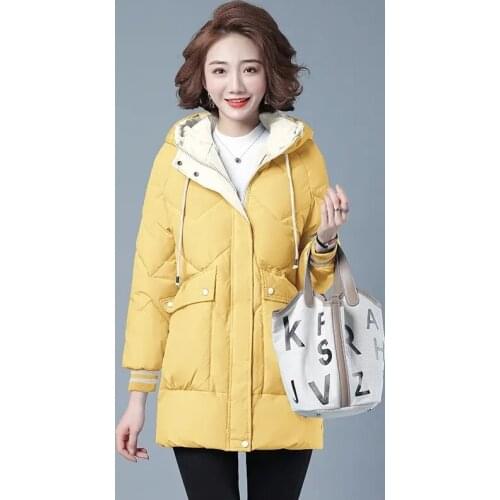 Winter Women Cotton Padded Jacket Midi-Length Loose Rib Knit Cuff Hooded Parkas Thicken Warm Casual Female Down Cotton Coat