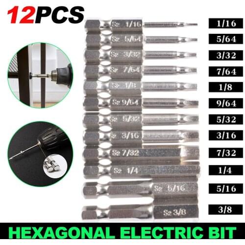12pcs Hex Head Allen Wrench Drill Bit Set Metric SAE S2 Steel Hex Bits Set Magnetic Screwdriver Bits