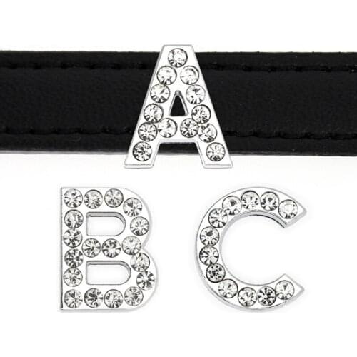 130PCS 18mm Hole Rhinestone Gold Letters A-Z Slide Charms Slide Beads DIY 18mm Bracelets Wristbands,Belt Straps Pet Name Collar