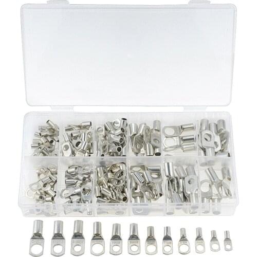170PCS/BOX Assortment SC Bare Tinned Copper Lug Terminals Ring Seal Wire Connectors Bare Cable Crimped Soldered Terminal Kit