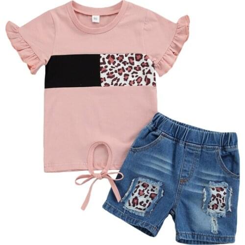2021 Kids Girls Outfits Sleeveless Leopard Print Patchwork Tops + Ripped Denim Shorts Set Childrens Clothing Sets