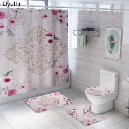 Bathroom Accessories Rose Flower Printed Polyester Waterproof Shower Curtain Toilet Seat Mat Floor Mat Bathroom Kit DyuIhr