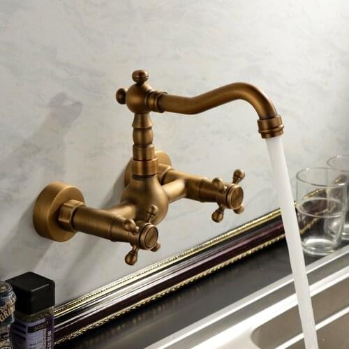 Antique Brass Double Handle Swivel Spout Bathroom Faucet Kitchen Mixer Faucets Hot And Cold Basin Mixer Faucet Wall Mounted