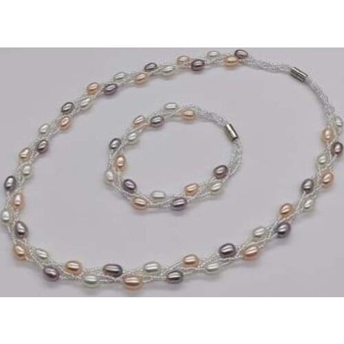 Handcraft rice shape freshwater pearls necklace bracelet 6-7mm 3lines 46cm 19cm