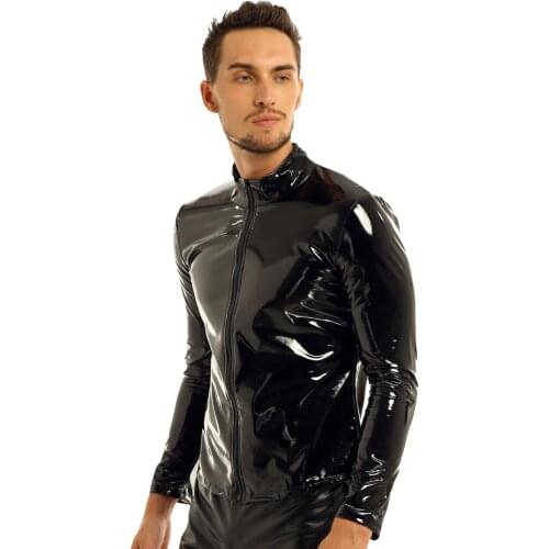 Black Men Fashion Leather Street Coat Shiny Metallic Long Sleeve Front-Zip Stand Collar Tops Wet Look Nightclub T-shirt Top