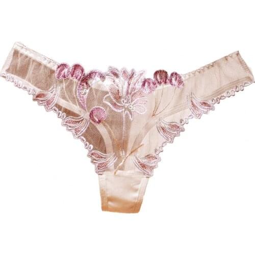 Women Sexy Flower Embroidery Thong Thong Transparent Low Waist Nylon Women Mesh Yarn Flower Embroidery Panties for Honeymoon