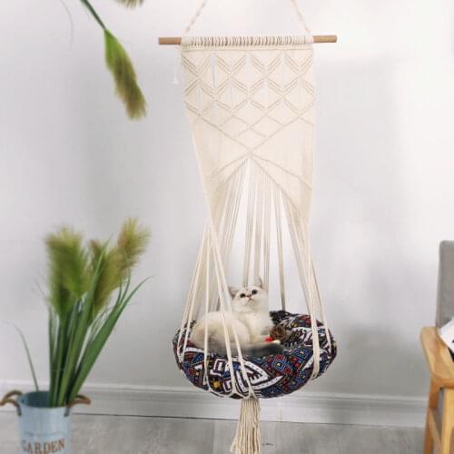 Hand Woven Macrame Cat Hammock Basket, Cat Bed Cotton Rope Weaving Pet Hammock Indoor Outdoor Garden Yard Theme Decoration