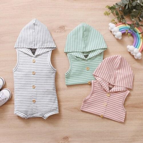 0-18 Months Infant Babys Stripe Print Jumpsuit, Toddler Boy Girl Short Sleeve Short Pants Button Hooded Romper 2021 Summer