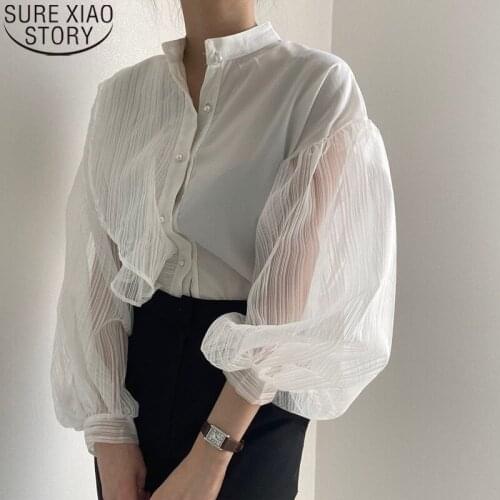 Korean Loose Sexy See Through Blouse Fashion White Women Shirt Mesh Puff Long Sleeve Blouse Stand Collar Clothes Blusas 11256
