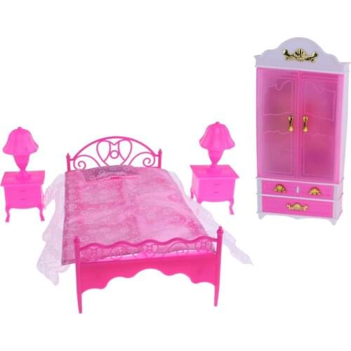 6Pcs Dollhouse Miniature Bedroom Furniture Bed Cabinet Wardrobe Table Lamp DIY Mini Girl Doll House Accessories - Pink