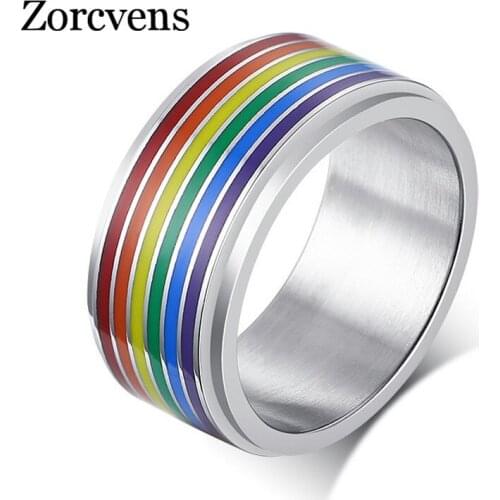 LETAPI Rainbow Silver Color Stainless Steel Engagement Wedding Rings for Men Trendy Band Lesbian & Gay Couple Rings Jewelry