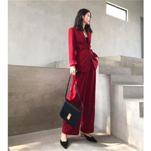 Fashion pants suit female spring fall New High end Temperament Slim Red Suit + Wide Leg Pants Casual Two-Piece Set