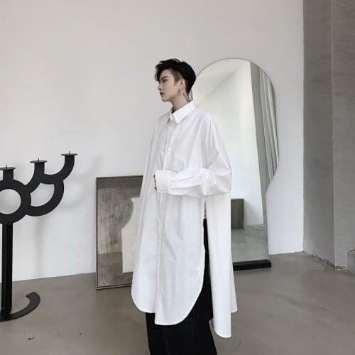 Gothic Dark Oversize Profile Round Hem Mid-length Simple Shirt Mens Super Loose Shirt Cardigan Trench Coat