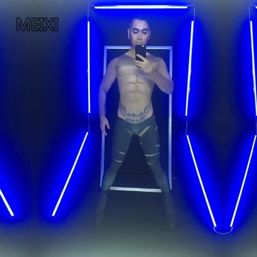 Black mesh print mens muscular, elastic jumpsuits, nightclub concerts, singing and dancing costumes