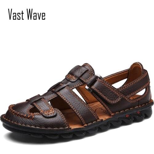 VASTWAVE Brand Men Casual Beach Shoes High Quality Summer Sandals Soft Sole Fashion Men Genuine Leather Slippers Men Flip Flops