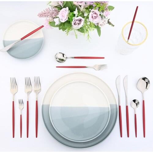JANKNG 24Pcs Upscale Red Dinnerware Set Stainless Steel Cutlery Tableware Set Knife Fork Coffee Spoon Flatware Set Service for 6