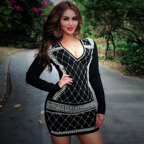 S Curve Pearl Beaded Bodycon Mini Dress Long Sleeve V Neck Elegant Crystalized Glass Embellished Dress