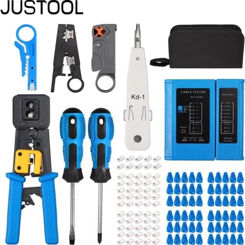 JUSTOOL RJ45 Crimping Tool Kit for RJ11 RJ12 CAT5 CAT6 Lan Cable Tester Network Repair Wire Crimper Connector Stripper Cutter