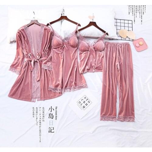 Autumn Winter New Velour 4PCS Pajamas Suit Womens Sexy V-Neck Strap Top&Pant Nightwear Lounge Sleepwear Lace Trim Home Clothes