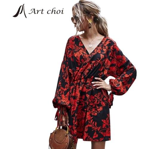 Spring Autumn Chic Women Floral Mini Elegant Dress Retro Vintage A-Line Long Puff Sleeve V-Neck Sexy Party Slim Skirt Ladies