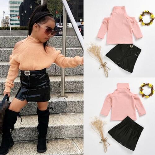 Newborn Baby Girls Kids Clothes Off Shoulder Pullover Sweater Tops+PU Skirt Autumn Winter Children Girls Clothing Set