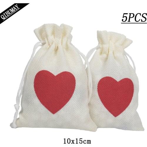 QIBU 5pcs Love Heart Line Jute Bag Drawstring Pockets Wedding Birthday Valentines Day Party Decorations Baby Shower Supplies