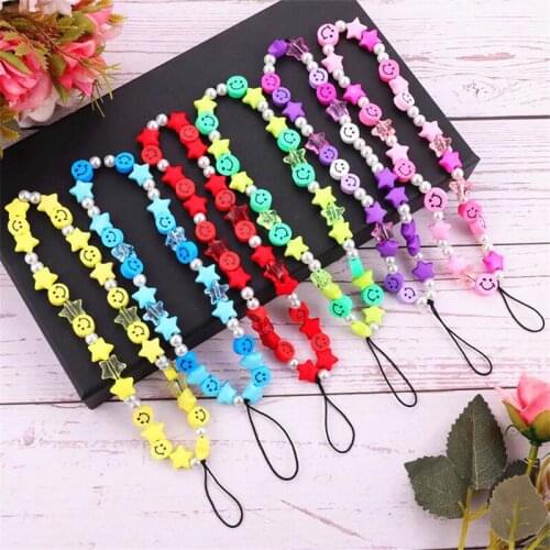 Mobile Phone Strap Lanyard Colorful Smile Pearl Soft Pottery Rope Cell Phone Case Hanging Cord For Women Keychain Accessories
