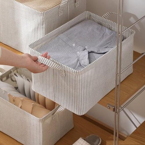 Stripe Pattern Cotton Linen Fabric Built-in Steel Frame with Handle Storage Basket Folding Sundries Box