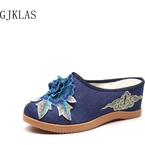7cm High Heel Shoes Embroidered Weave Canvas Antiquity Womens Slippers Casual Mixed Colors Cover Toe Female Footwear 2021 New