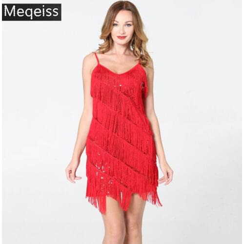 Adult Women Adjustable Spaghetti Straps Sparkling Sequins Fringe Tassel Dance Party Dress Gowns Rhythm Ballroom Samba Rumba Tang