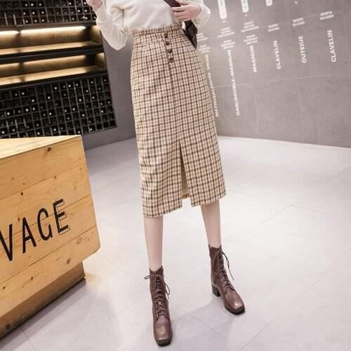High Waisted Plaid Woolen Skirt For Women For Autumn Winter New Single Breasted Split Over Knee Straight Skirts Womens