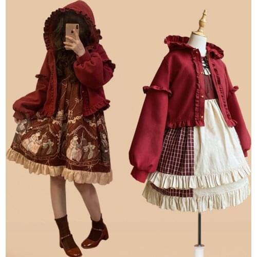 Autumn And Winter Lolita Plush Jacket Women Loose Thickened Warm Lolita Tweed Cape Cute Single Breasted Princess Kawaii Outwear