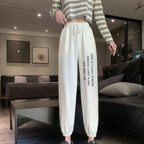 Plus Size Wide Leg Fleece Harajuku Letter Print High Waist Joggers 2021 Women Trousers Korean Casual Femme Fall Streetwear Pants