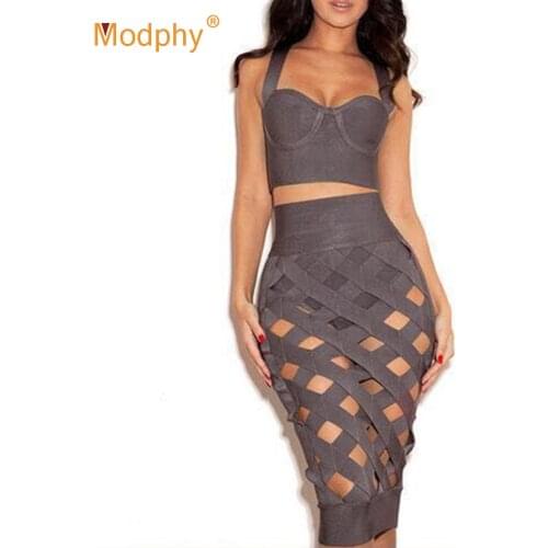 Free Shipping Rayon Bandage Women Set Top & High Waist Hollow Pencil Skirt 2 Two-Piece Sets2021 Summer Sexy Club Party Skirt Set