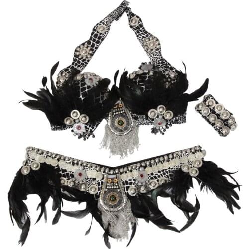 ATS 2019 Women Tribal Belly Dance Clothes 3 Pieces Outfit Set Antique Bronze Crocodile Print Bra Belt Gypsy Dance Plume Costume