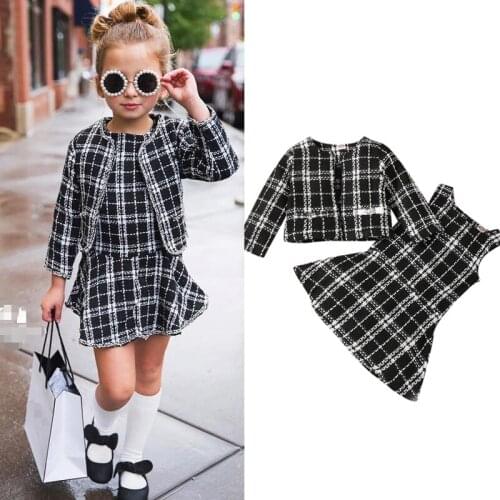 FOCUSNORM 1-6Y Princess Kids Girls 2pcs Clothes Sets Plaid Printed Long Sleeve Jacket Coat Tops+Sleeveless A-Line Sundress