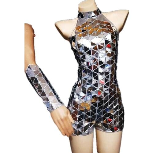 Sparkling Mirror Sequins Playsuits Gloves Neck-Mounted Silver Bodysuit Women Sleeveless Performance Clothing Dance Costume