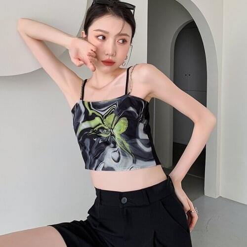 ZCSMLL Slash Collar Tops for Women Sleeveless Korean Fashion Printing 2021 New Summer Butterfly Print Chain Sling Top