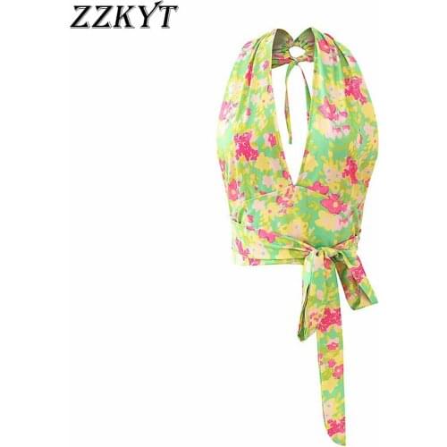ZZKYT 2021 Women Summer Vintage Floral Print Bow Tie Cropped Tank Tops Fashion Halter Neck Sleeveless Backless Female Chic Tops
