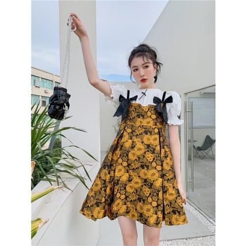 New Arrive 2021 Summer High Quality Jacquard Bow Spaghetti Strap Dress Women Fashion Gold A Line Mini Cami Dress Sweet Clothes