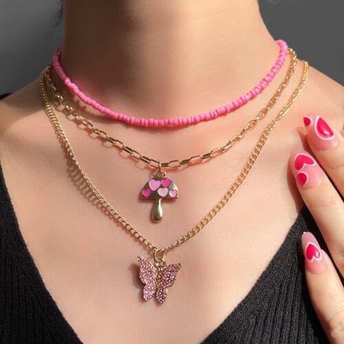 Flatfoosie Multi-layer Mushroom Beaded Choker Necklace For Women Trendy Butterfly Rhinestone Pendant Necklace Boho Jewelry Gift