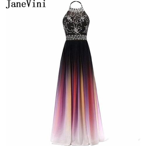JaneVini Elegant Gradient Chiffon Plus Size Prom Dresses Long 2019 Halter Beaded Crystal Open Back A Line Women Prom Party Gowns