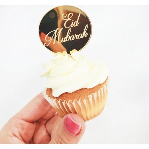 2021 Gold Eid Mubarak Cupcake Toppers Silver Ramadan Mubarak Cake Baking Decorations for Ramadan Eid Mubarak Party Cake Supplies