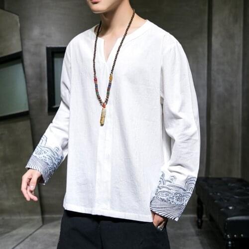 2021 New Chinese Style Mens Tops Tang Suit Cotton Linen Long Sleeve Solid Traditional Kung Fu China Style Hanfu Shirt 30018