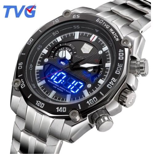 2021 TVG Fashion Sport Watches Men Stainless Steel Led Digital Analog Quartz Wristwatches Luminous Hands Aviator Polit Watches
